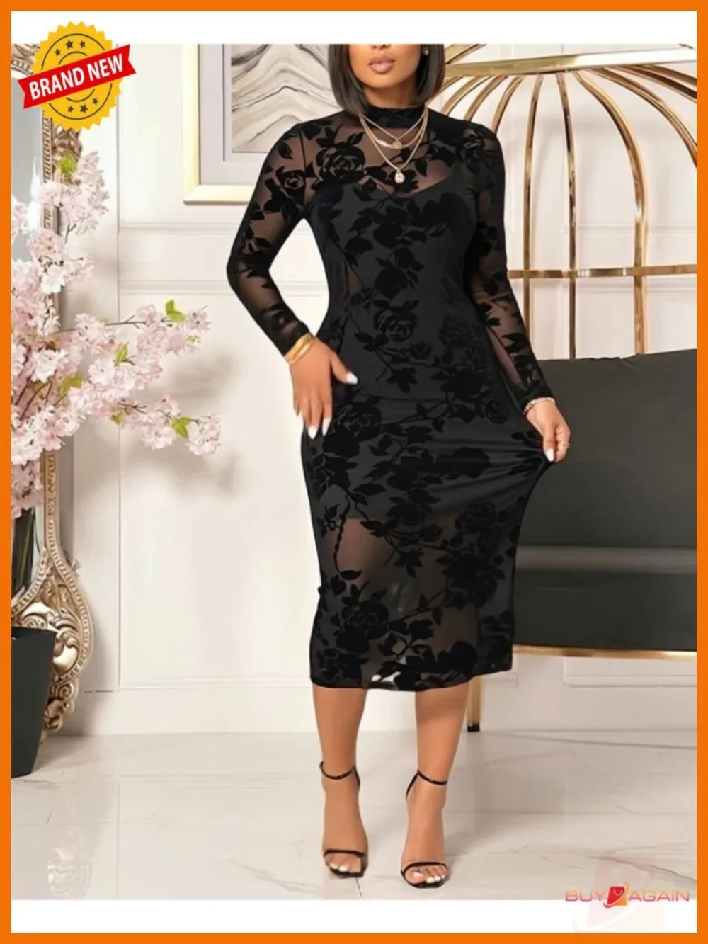 Flocked Floral Lace Long Sleeve Bodycon Midi Dress Mock Neck Formal